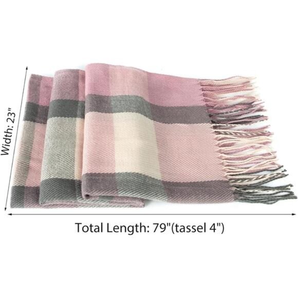 Pink Plaid Winter Scarf for Women Long Warm Shawl Wrap, Soft Big Grid Scarf - Picture 3 of 6